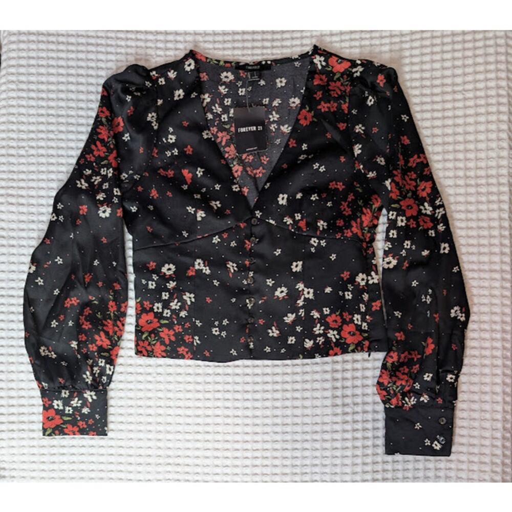 Forever 21 Black Floral V-Neck Blouse with Red and White Flowers